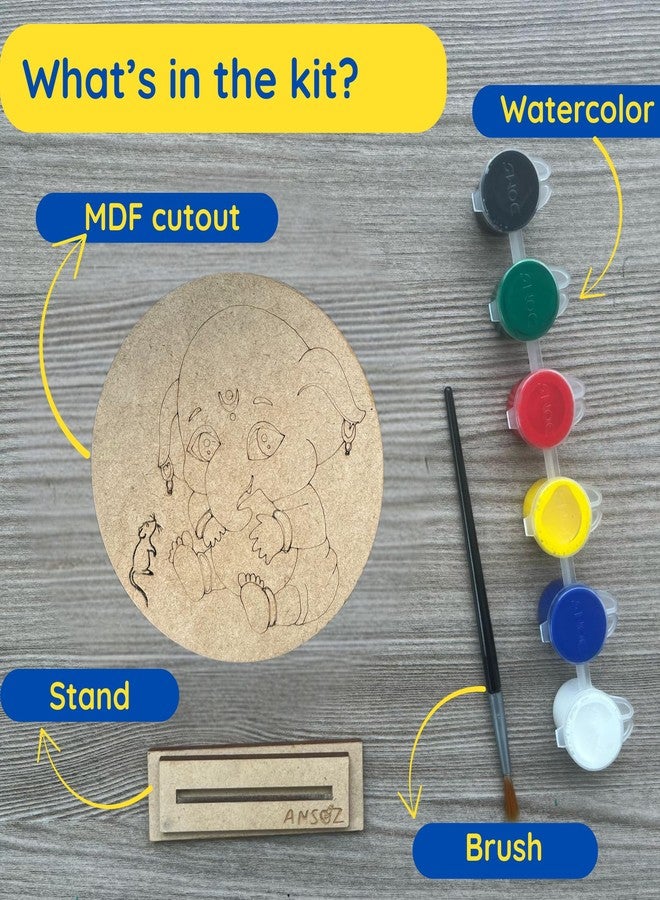 Ansoz Baby Ganesha with Mouse Art Craft Kit | Ganesh Art Craft: Wooden Pre-Marked Cutout for Kids and All Ages - DIY Craft Kit | Home Decor | Ganesh Chaturthi Gift Idea (Water Color Included) - Image 3